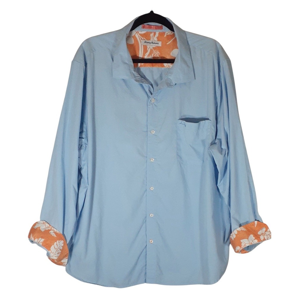 Tommy Bahama Island Commuter Flip Cuff Shirt XXL Sky Blue Floral Orange Hawaiian